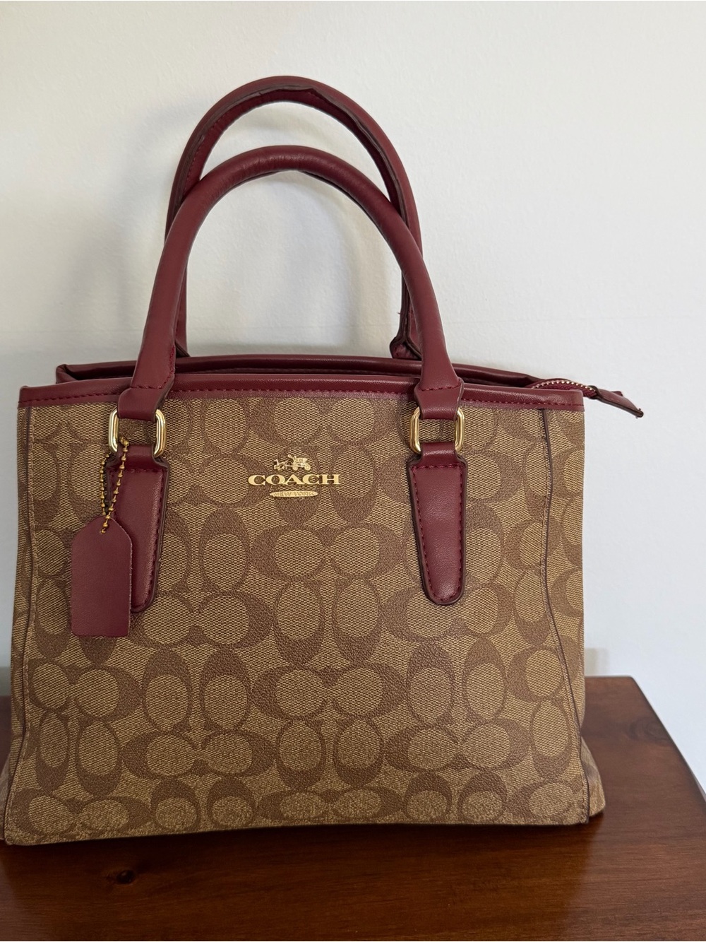 ⁠Coach Mini Sage Carryall Signature Canvas Burgundy Wine Leather Satchel Bag